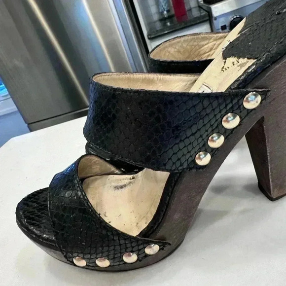 Jimmy Choo Ulrika Black Leather Snakeskin Wood Sandals High Heel Size EU 38 US 8 - Picture 10 of 12